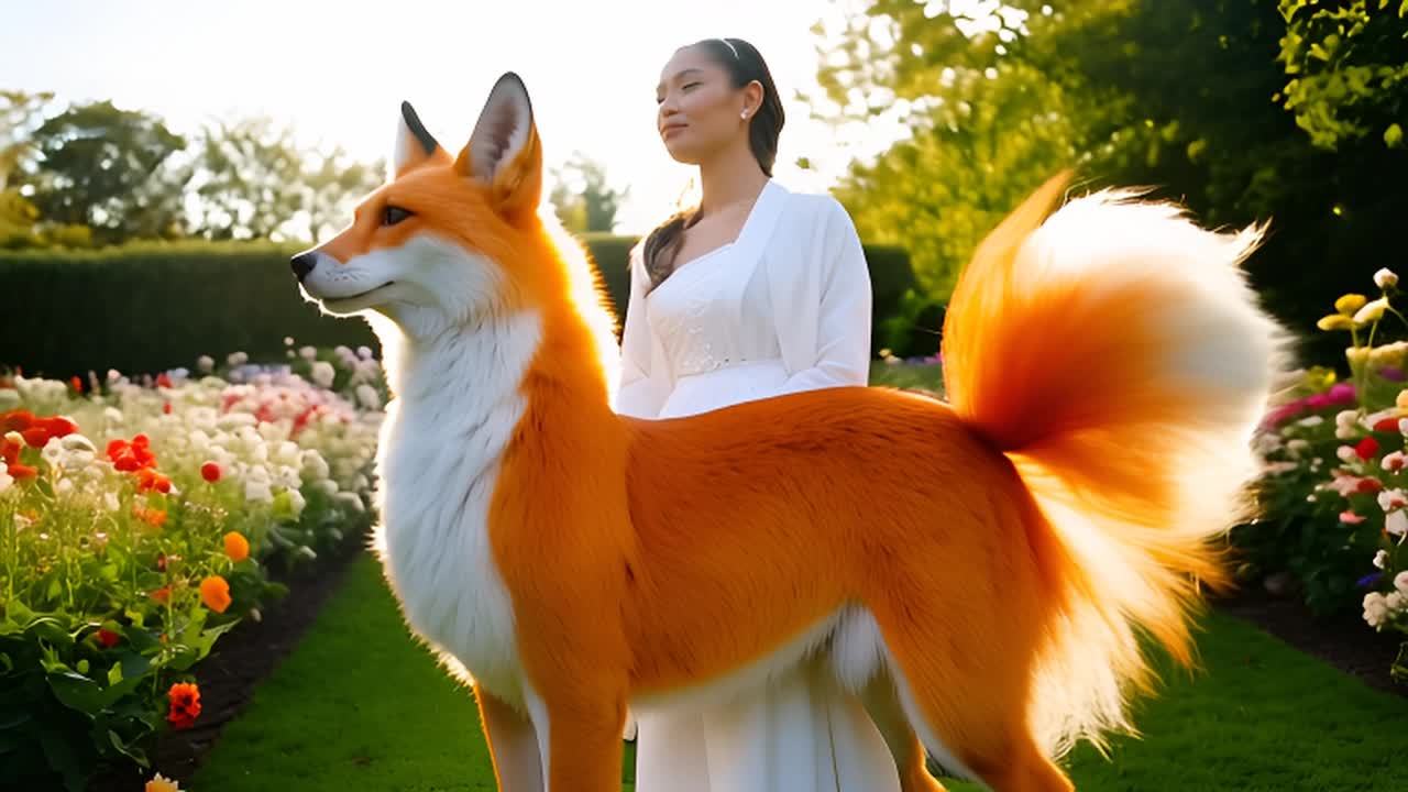 一只橙色毛发的七尾狐站在一位身穿白色长裙的女子旁边