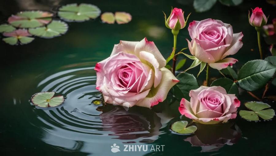 水面上漂浮着几朵粉白色的玫瑰花，花瓣边缘略带红色。