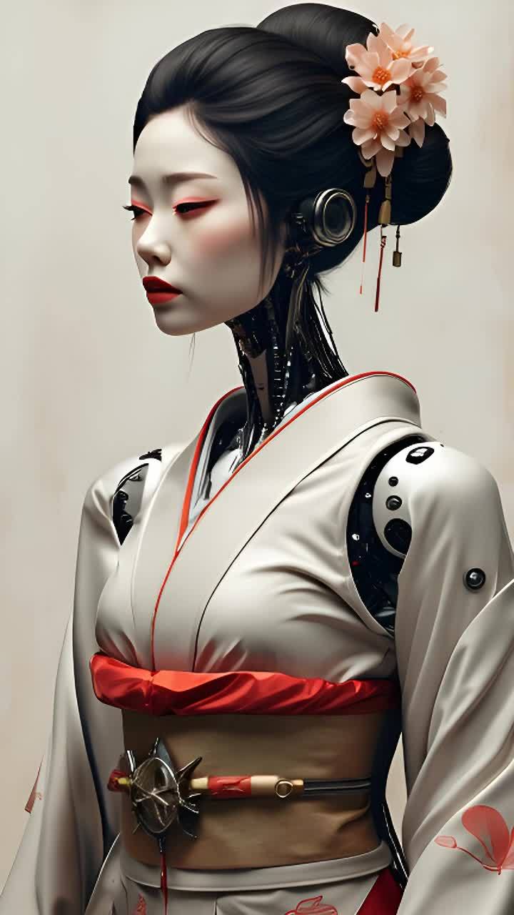 一个机械女性侧身站立，她穿着白色的和服，红色腰带，