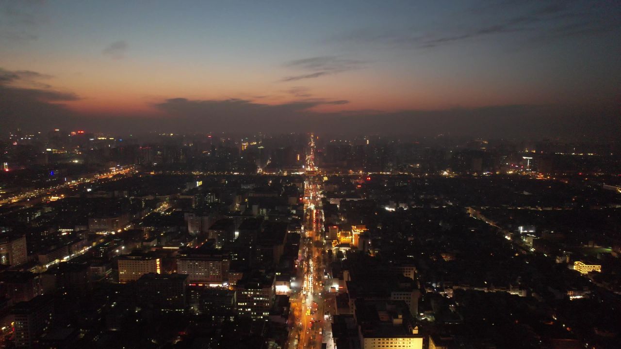 西安晚霞夜幕降临航拍