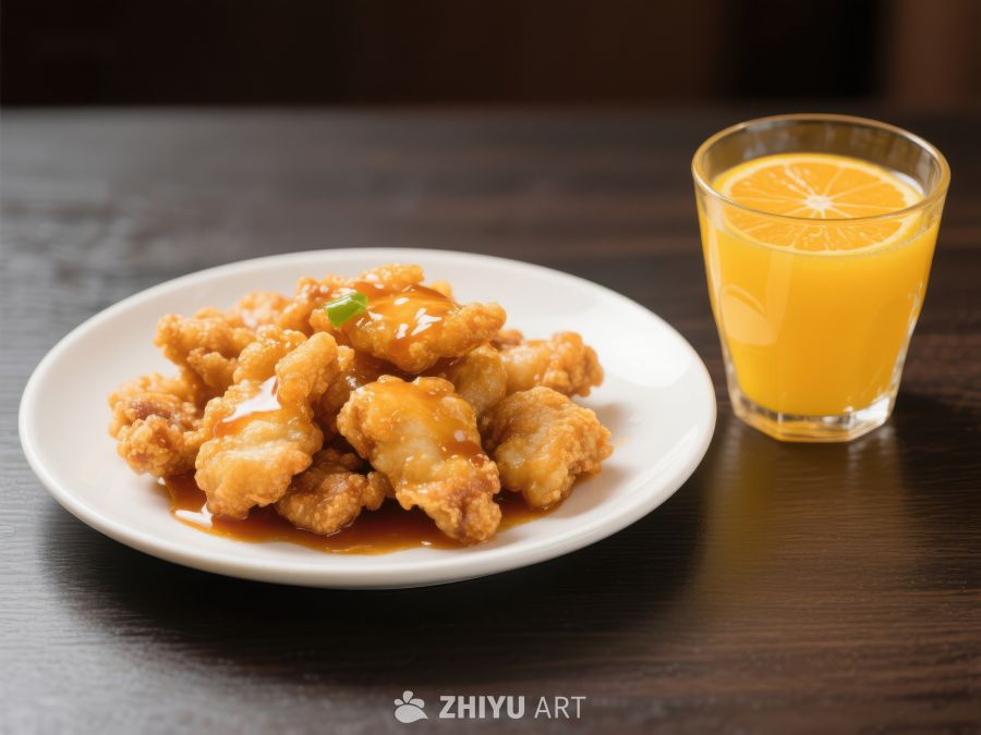 炸鸡块配橙汁，美味餐点 1361