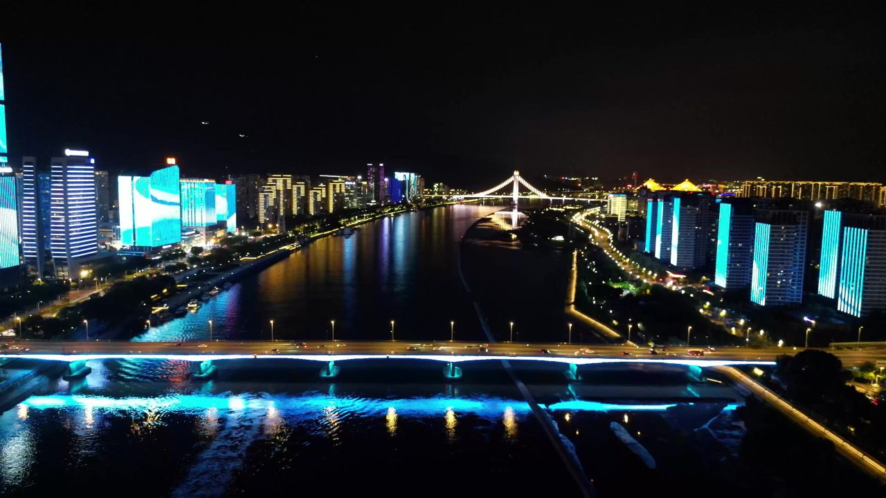  航拍福建福州闽江鳌峰大桥夜景