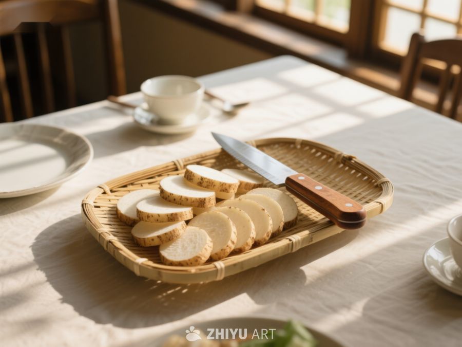 竹篮盛放切片食材，阳光洒满餐桌 607