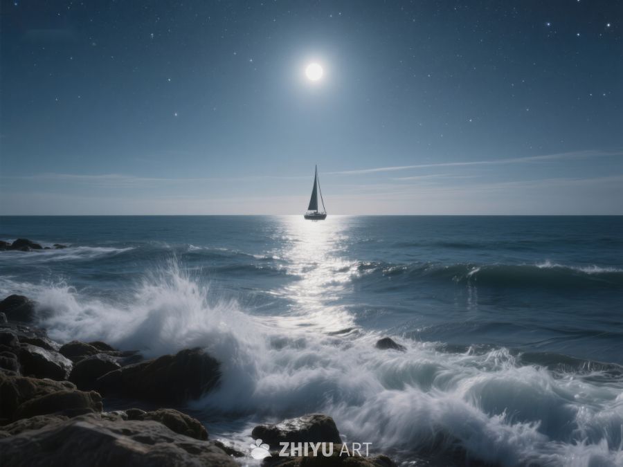 月夜海上帆船与波涛 584
