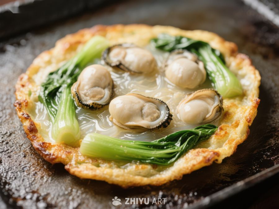 煎制的蚝饼配青菜 409