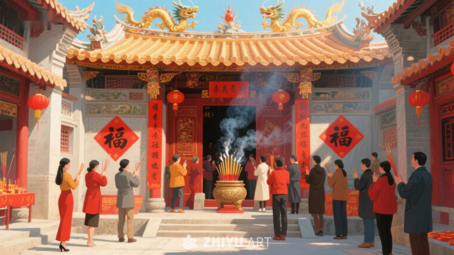 庙宇前众人虔诚祈福 668