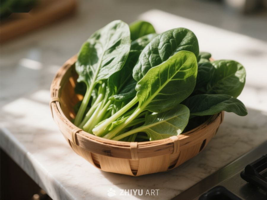 竹篮中的新鲜菠菜 612