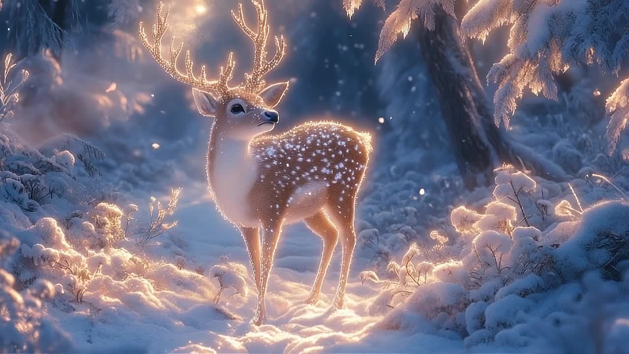 一只鹿在雪地里，它的身体和鹿角上都有闪光点，周围是