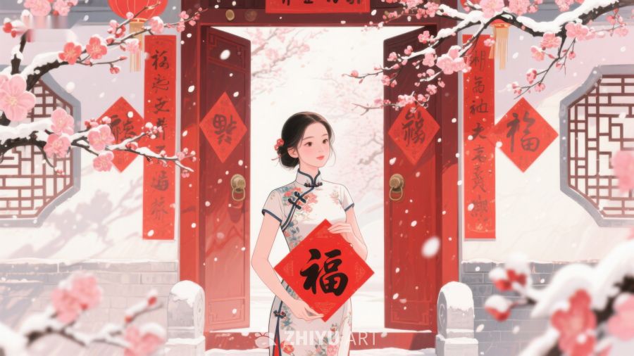 雪中女子手持福字，门前挂满春联 1138
