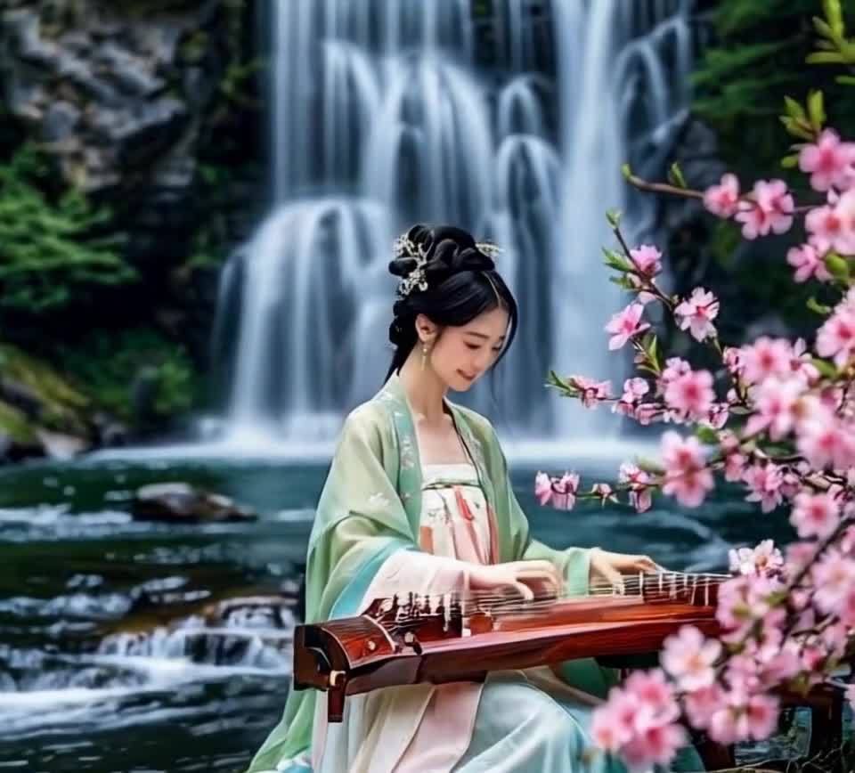 一位身着传统服装的年轻女子坐在瀑布前，瀑布从岩石上