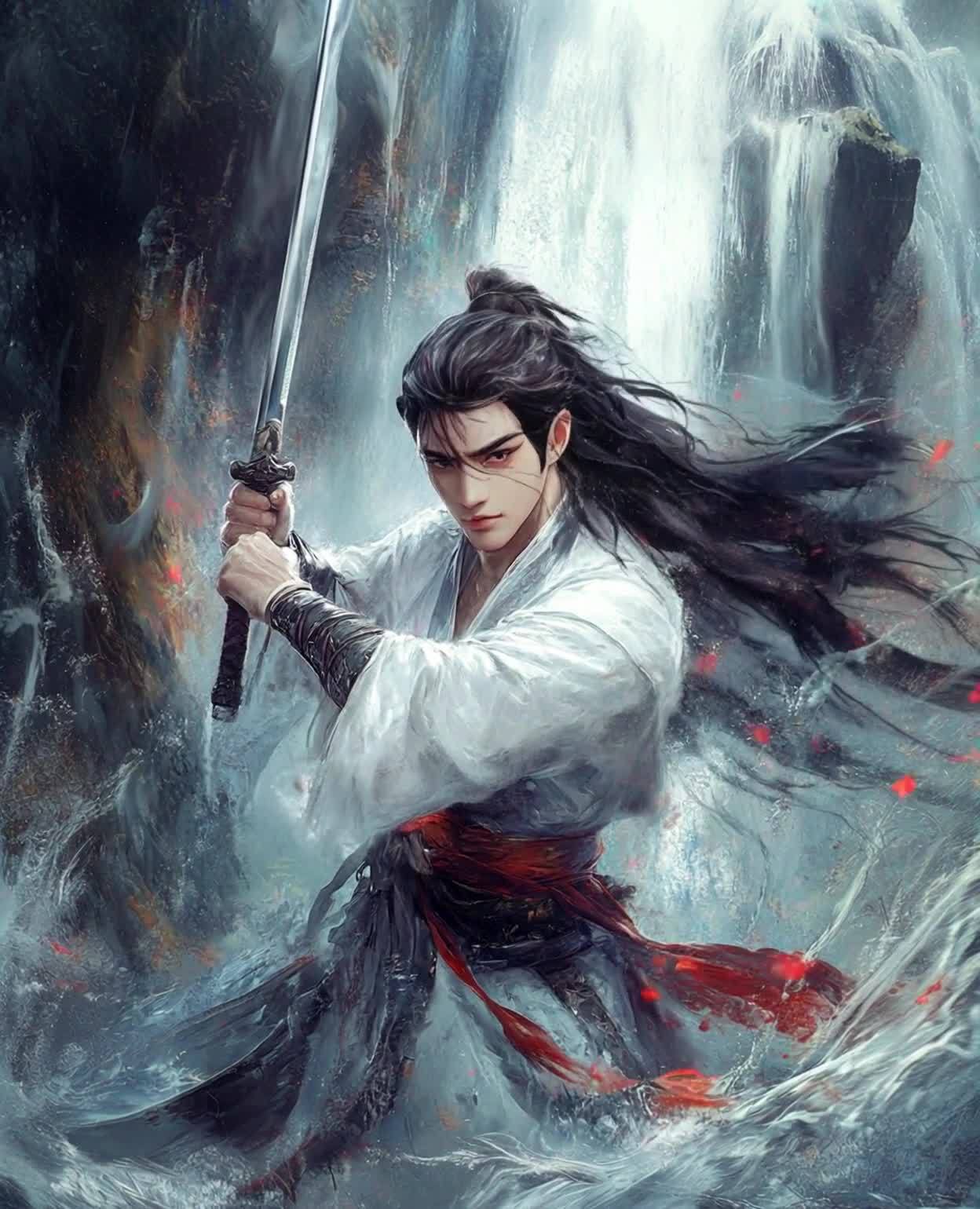 瀑布前持剑的白衣红腰男子
