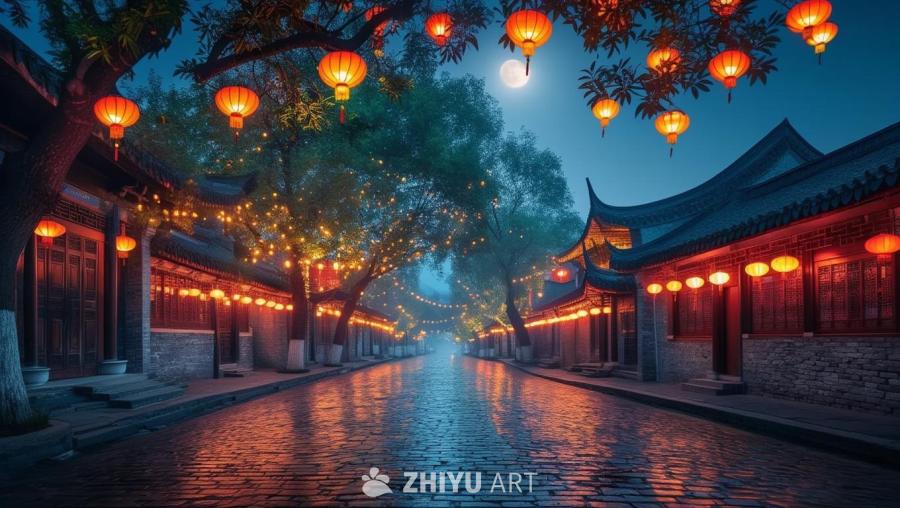 夜色中的中国古街道，街道宽阔，两侧排列着树木，树上