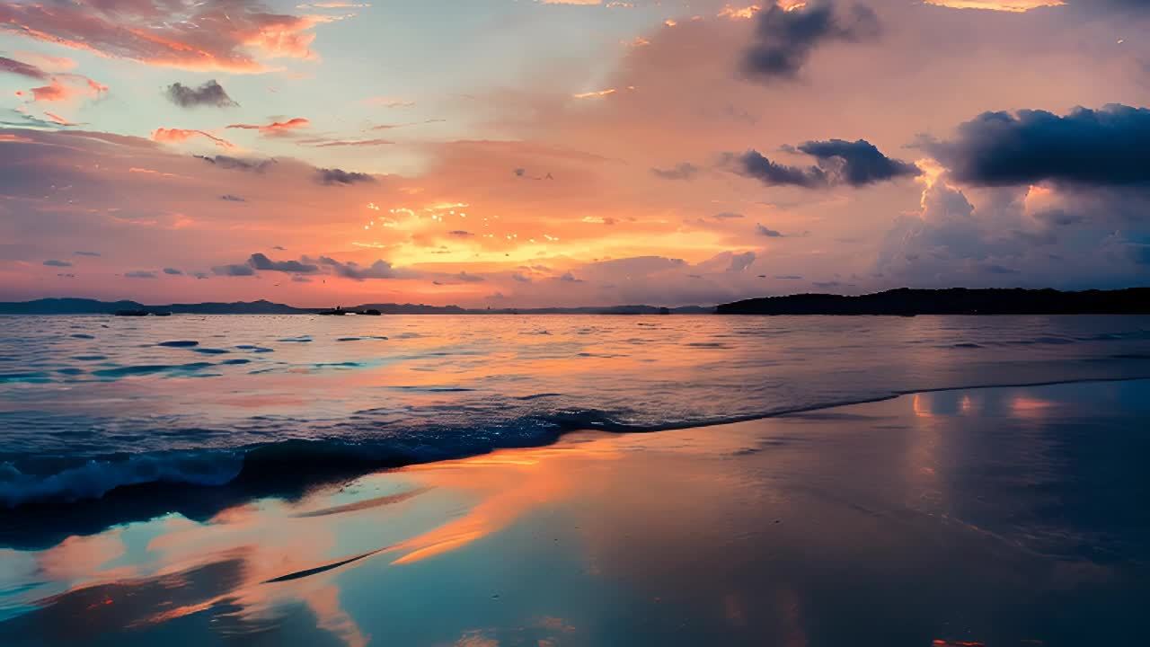 云彩在天空缓慢漂移，海浪轻轻地拍打着海岸。镜头从地