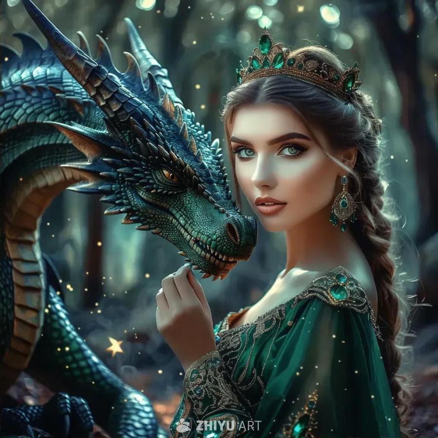 一个美丽的女孩站在一条龙旁边，女孩戴着镶嵌着绿宝石