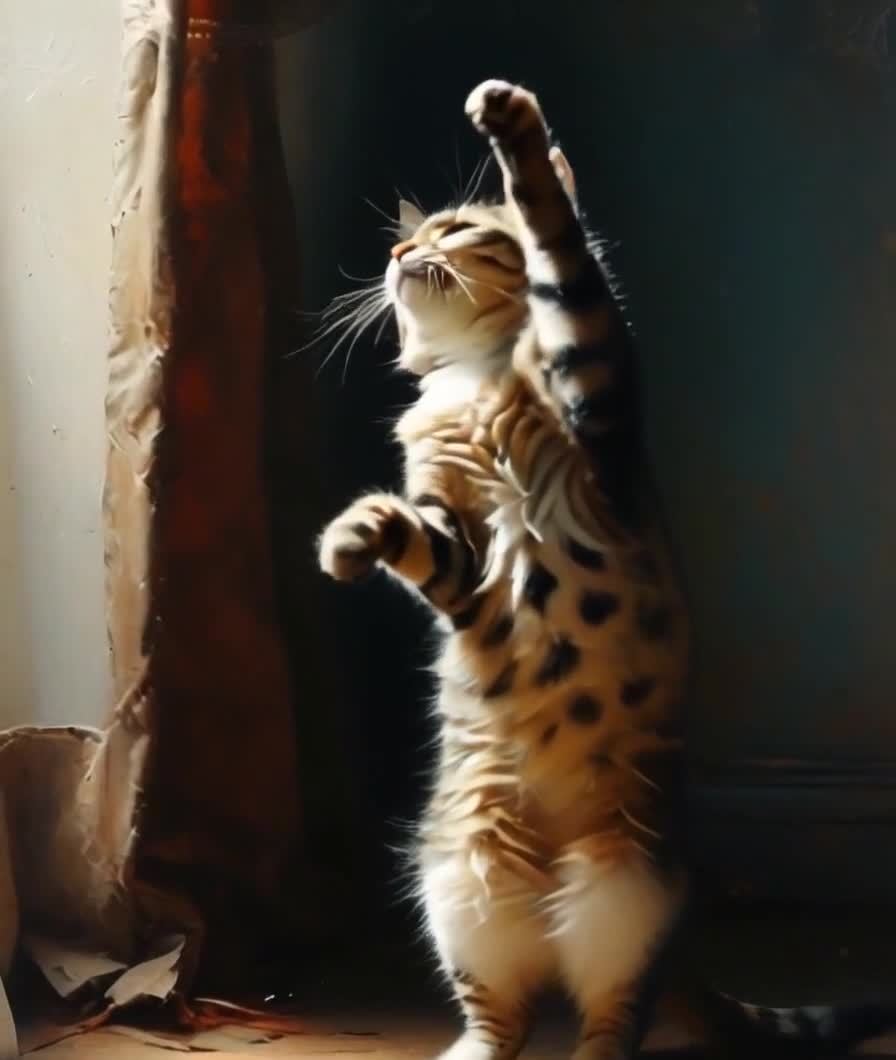 站立向上望的猫举起爪子，充满活力！