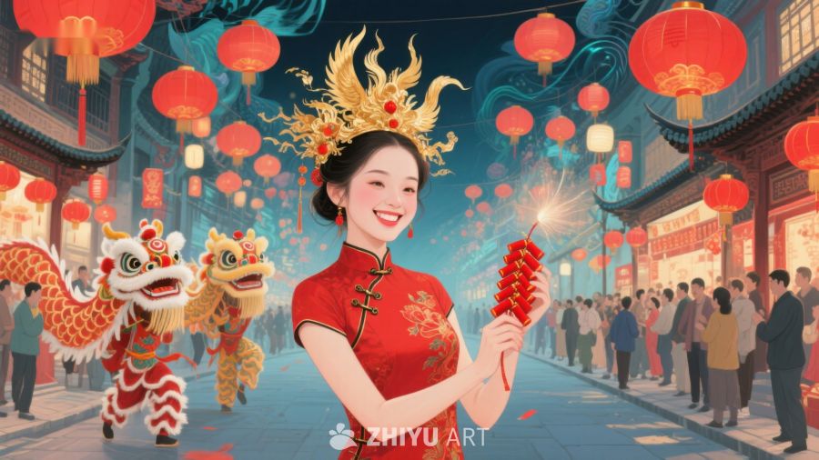 欢庆春节，舞狮与烟花共映 384
