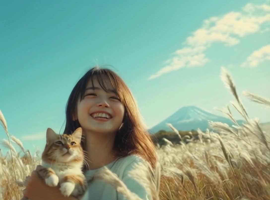 芦苇丛中少女怀抱猫咪，雪山蓝天下微笑。