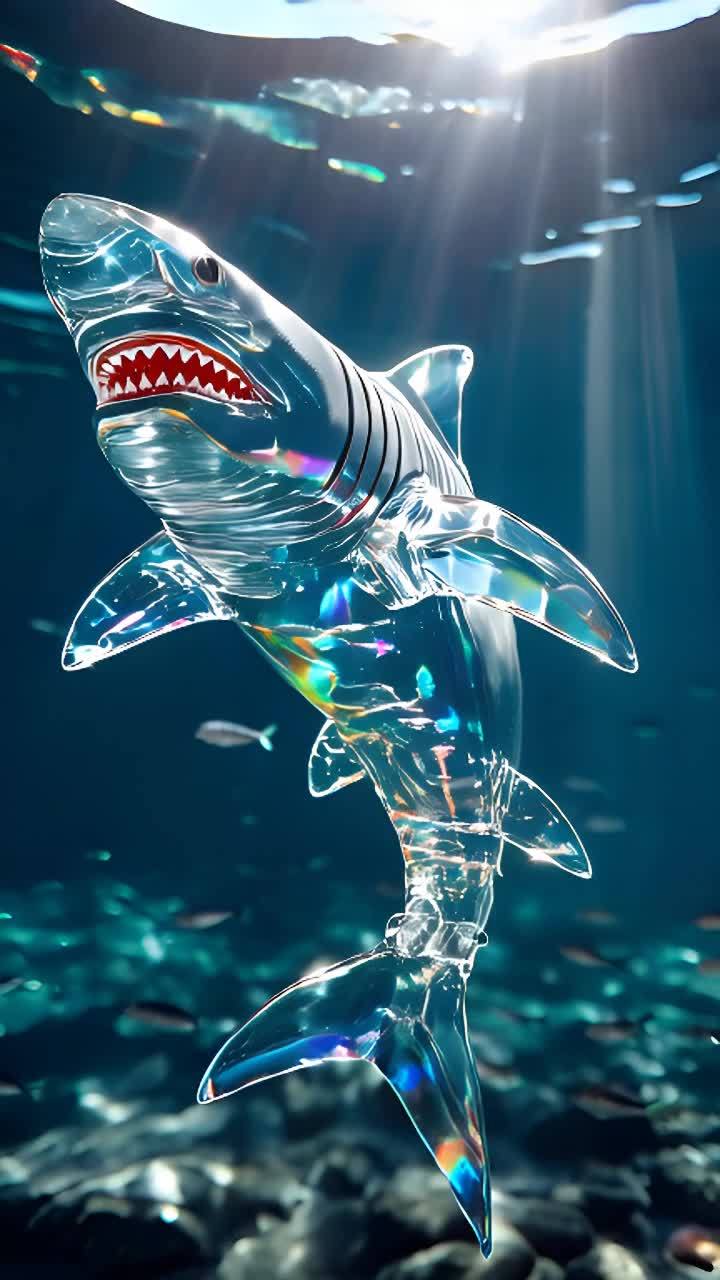 一条由透明玻璃制成的鲨鱼在深海中游动，光线穿过它的