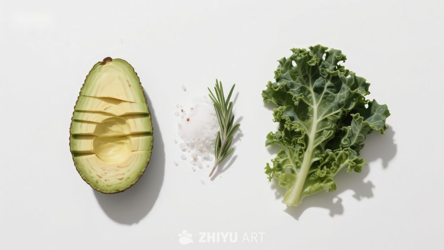 牛油果羽衣甘蓝与香草食材