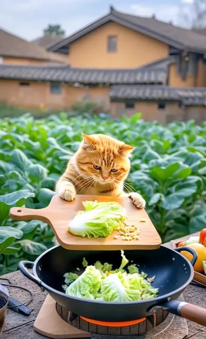 一只橘猫正将砧板上的蔬菜拨入一口黑色的炒锅中。砧板