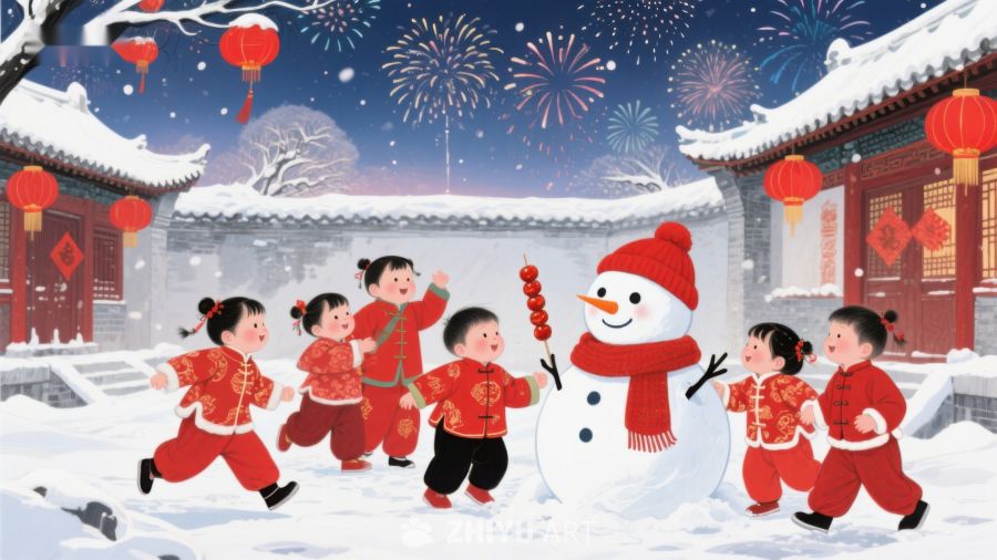 冬日雪景中孩子们与雪人欢庆节日 181