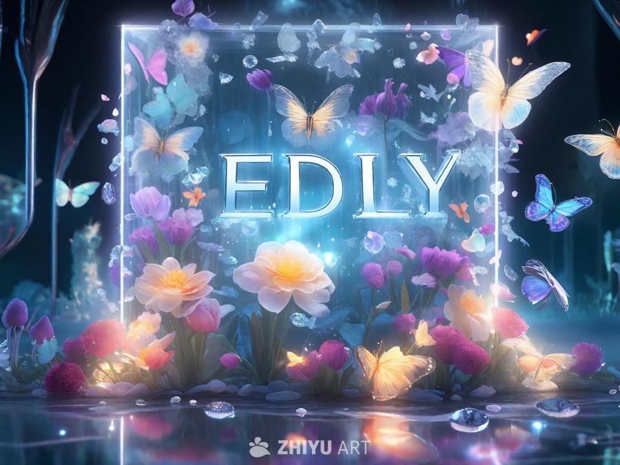 发光的字母标志“EDLY”位于一个透明的矩形框架内