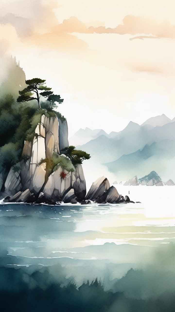 雾气缭绕大海山水画简约风格 22