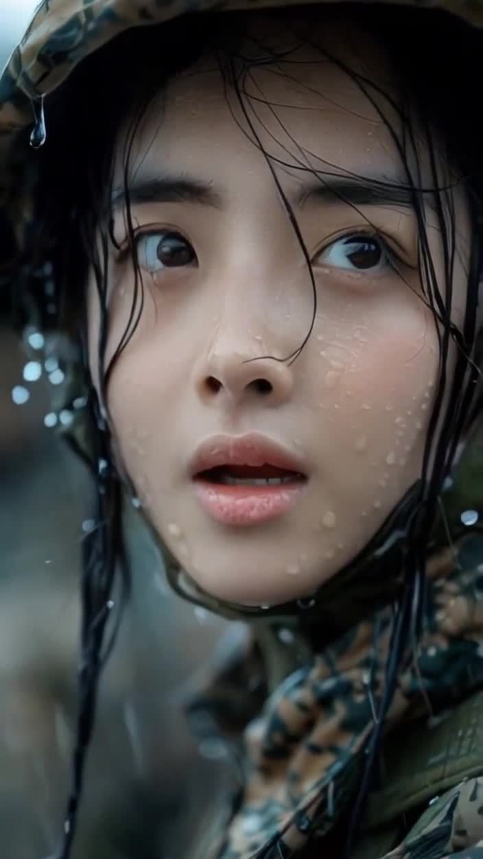 雨中湿发的迷彩女兵特写
