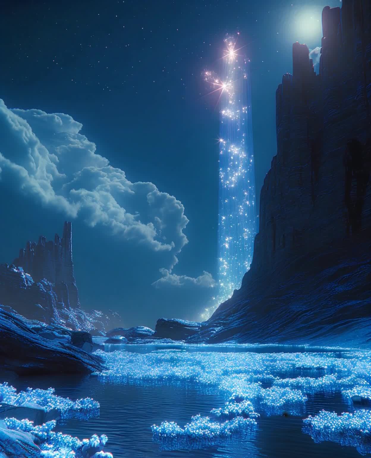星光倾泻下的蓝色湖泊与岩壁，静谧夜景。