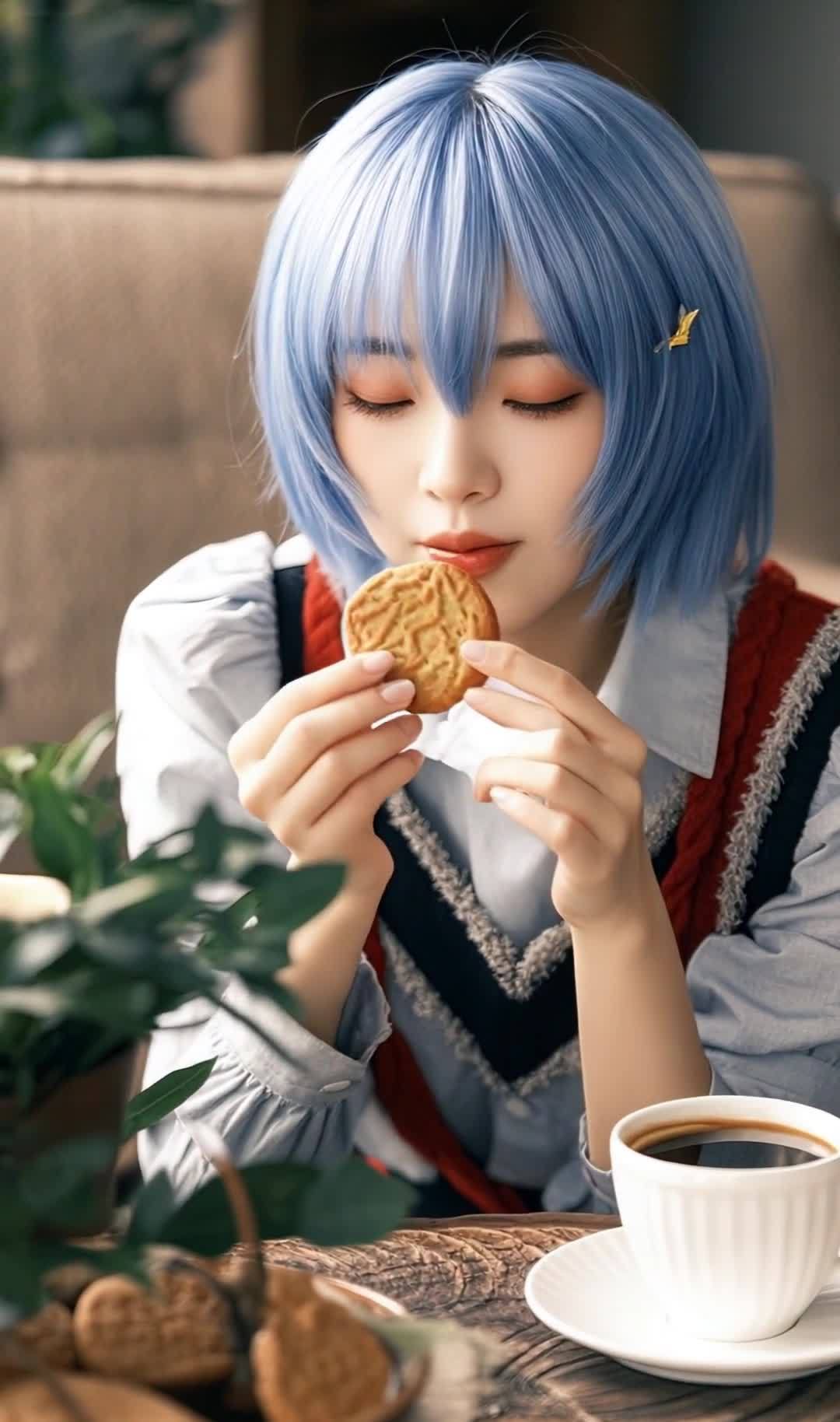 蓝发女子品尝饼干咖啡，舒适惬意下午茶