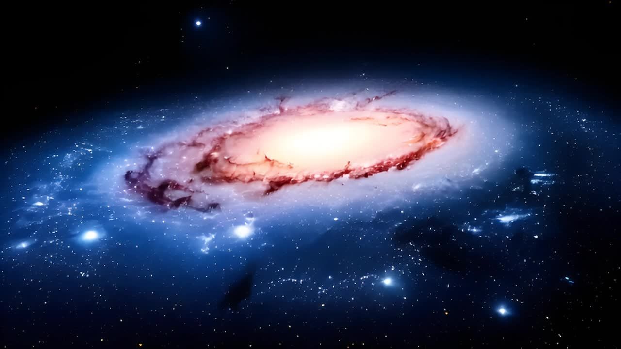 一个星系，中心是亮白色的，周围环绕着红色和蓝色的漩