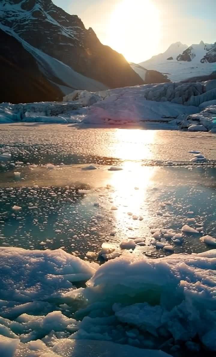 冰河湖映雪山日出静谧之美