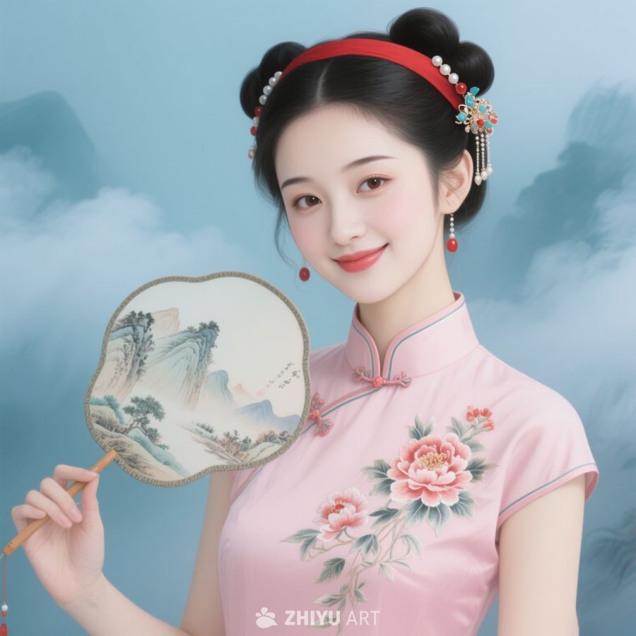 国风复古装饰头像女、复古、手持扇子