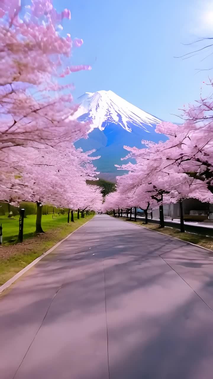 富士山脚下，一条步行路两侧种满了樱花树。视角对着这