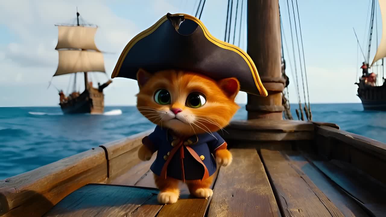 一只穿着海盗服的橙色猫咪站在一艘风化的海盗船上，它