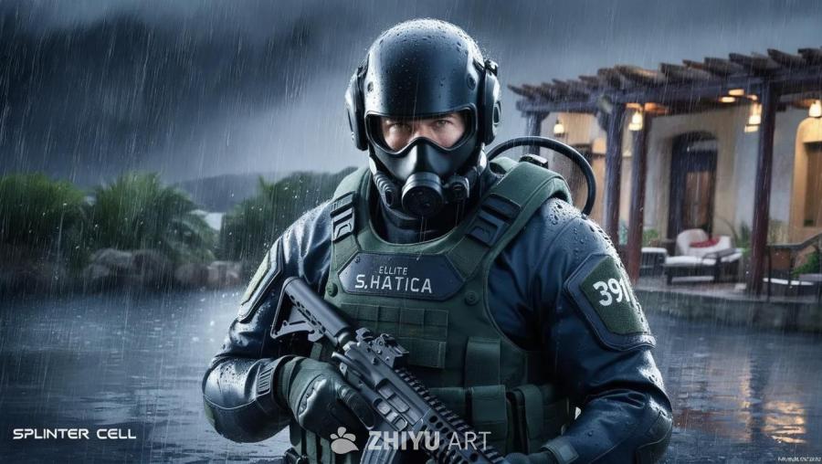 一名身着现代潜水服的高科技精英细胞军事特工站在雨中