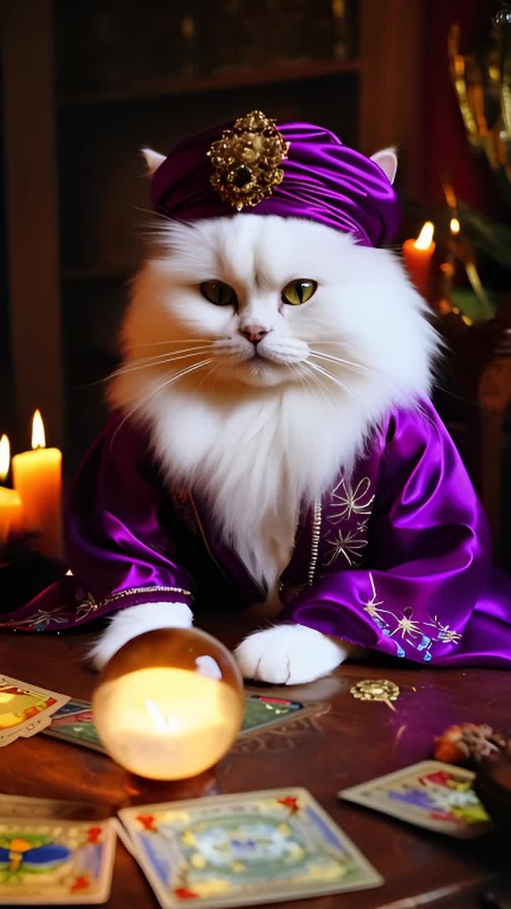 一只白色的蓬松猫咪，穿着占卜师的服装，坐在复古的木