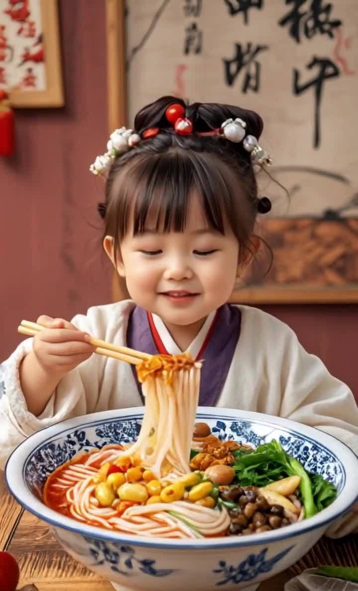 一个穿着汉服的小女孩正拿着筷子，筷子上夹着面条，她