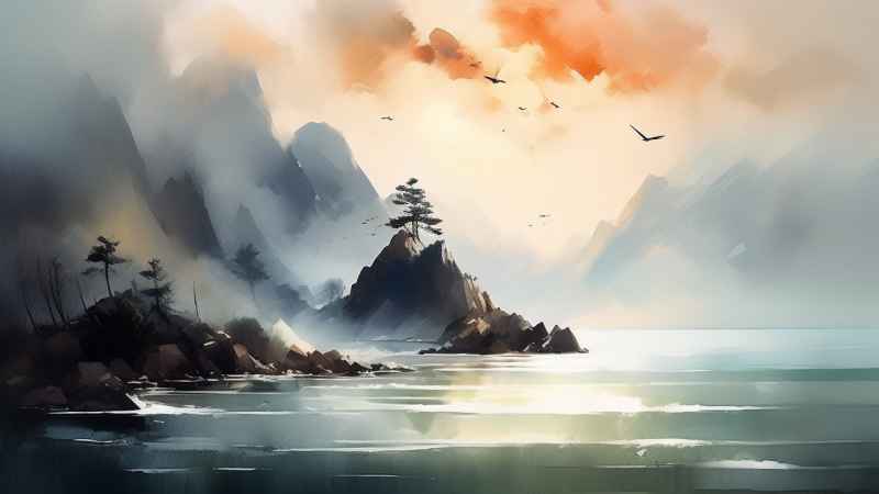 雾气缭绕水墨山水画简约风格 13
