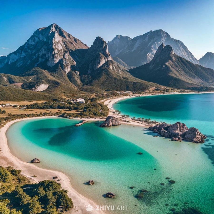 沙滩旁是清澈湛蓝的海水，远处绵延着雄伟的山脉。郁郁
