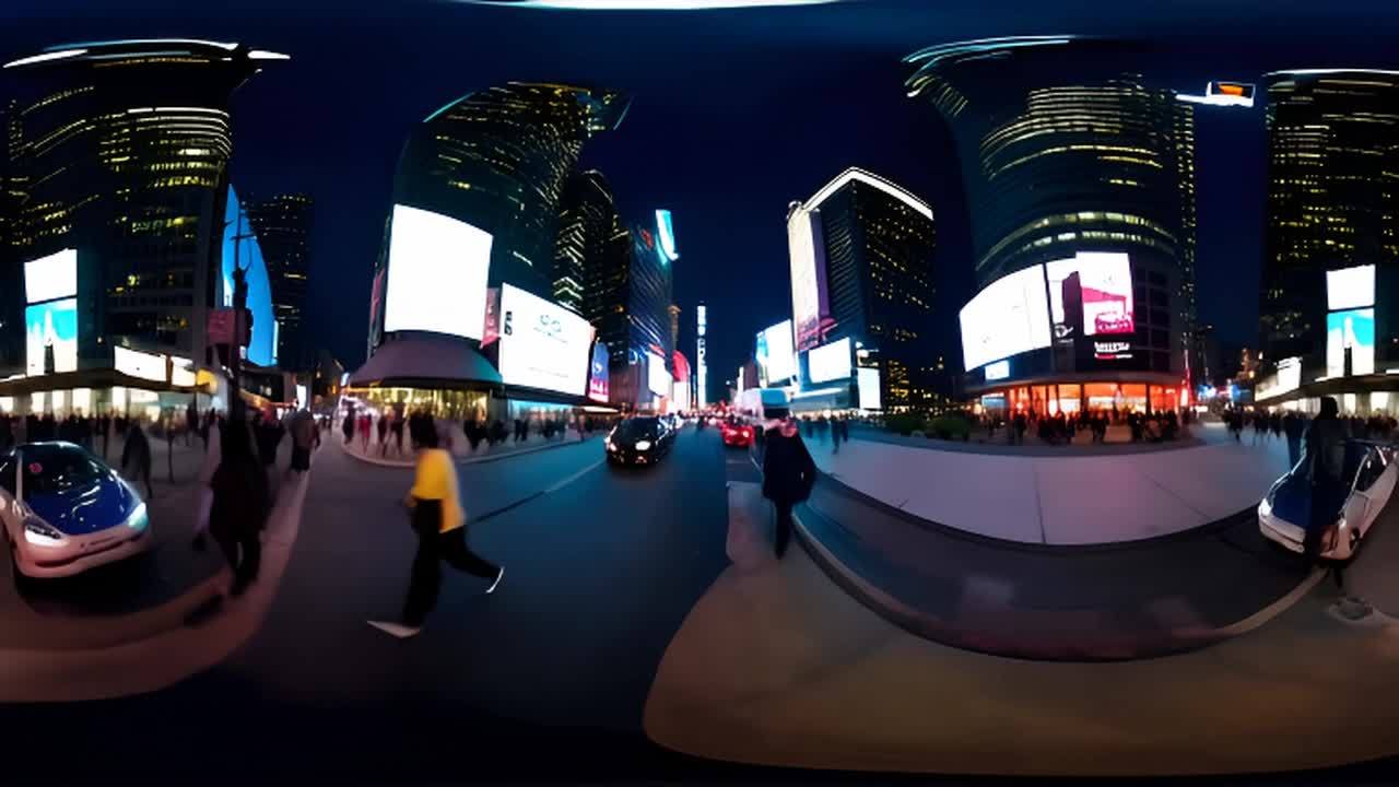 夜间城市景观，霓虹灯闪烁，高耸的摩天大楼林立。街道
