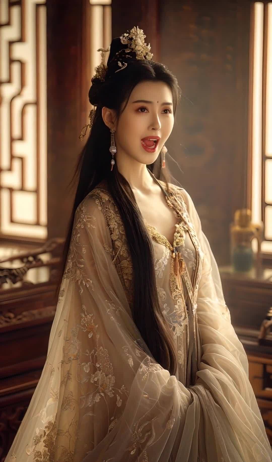 古装美女室内侧身微笑，发饰服饰精致典雅。