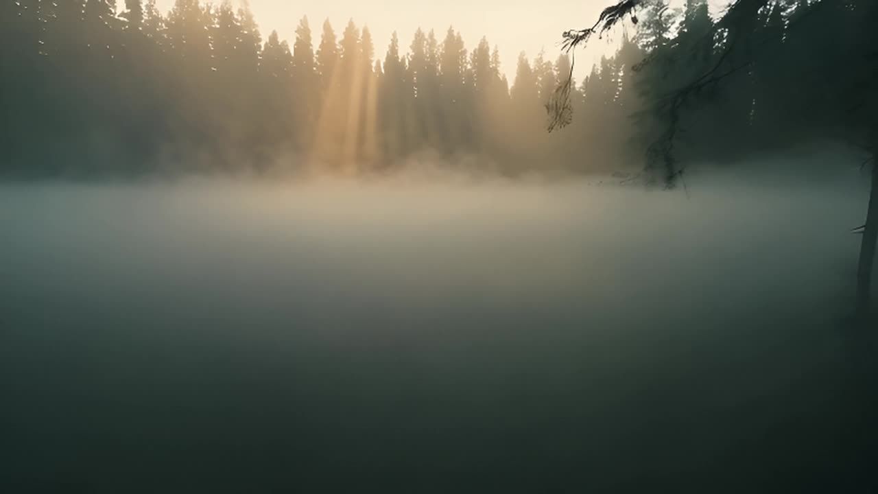 森林中的湖泊被浓雾笼罩着。阳光透过树木照射下来，形