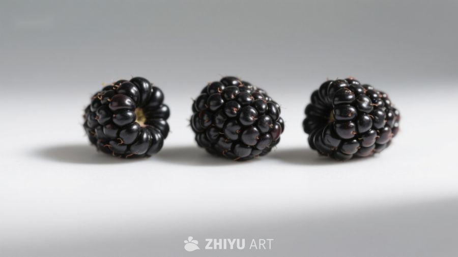 三颗黑莓果并排展示