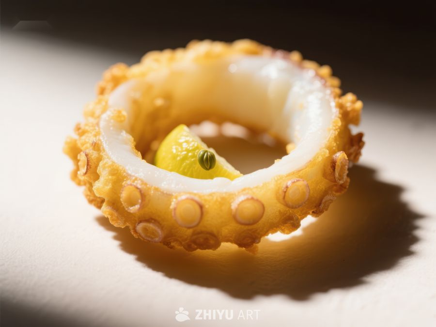 金黄酥脆的鱿鱼圈配柠檬