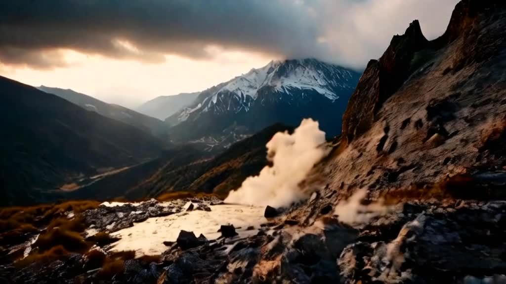 高耸入云的山峰，山顶覆盖着积雪。山坡是棕色的岩石，