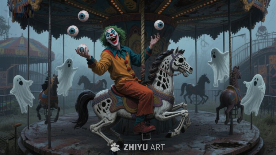 小丑骑乘骷髅马，鬼魂环绕的旋转木马
