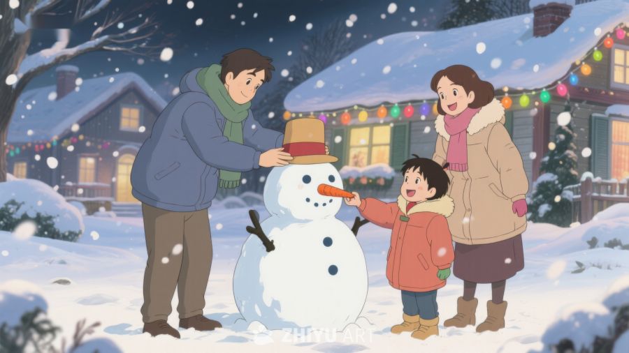 冬夜家庭堆雪人 40