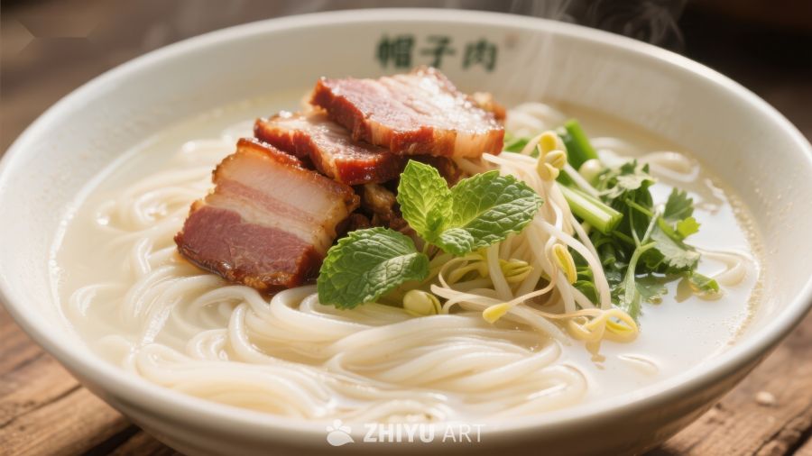 热腾腾的面条配烤肉和豆芽
