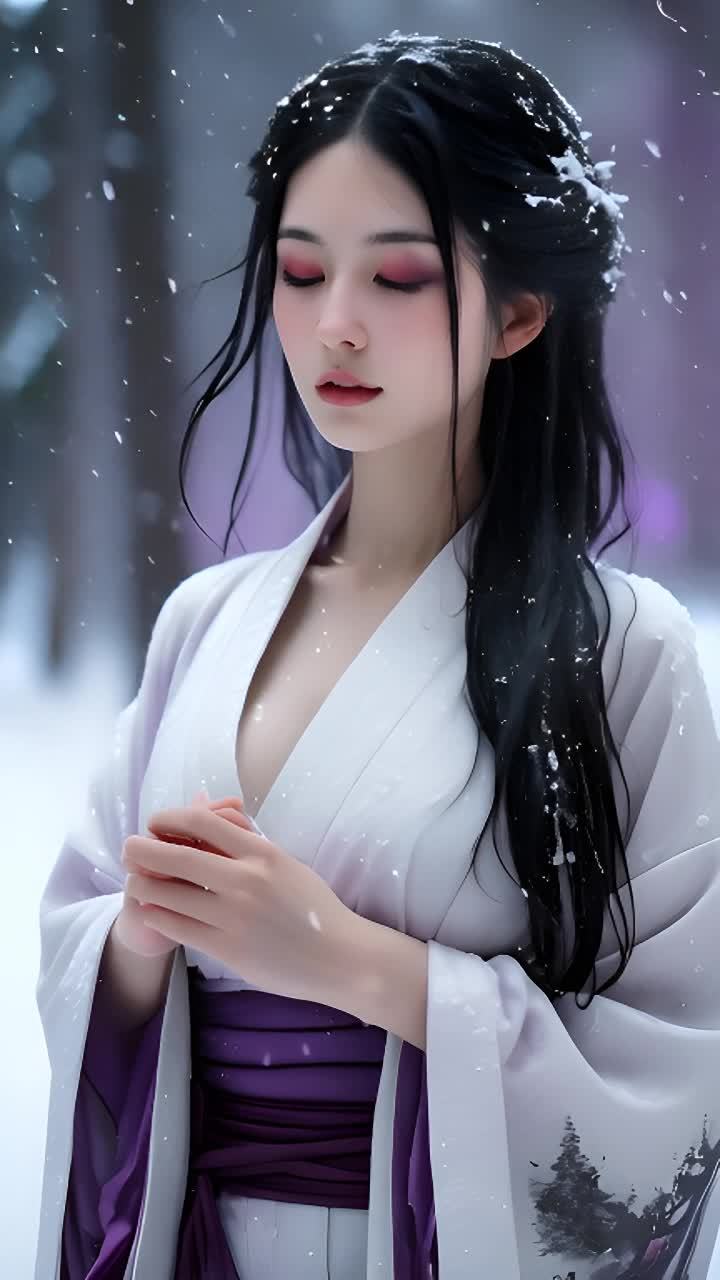 一个穿着白色和服，系着鲜艳紫色腰带的女子站在雪林中